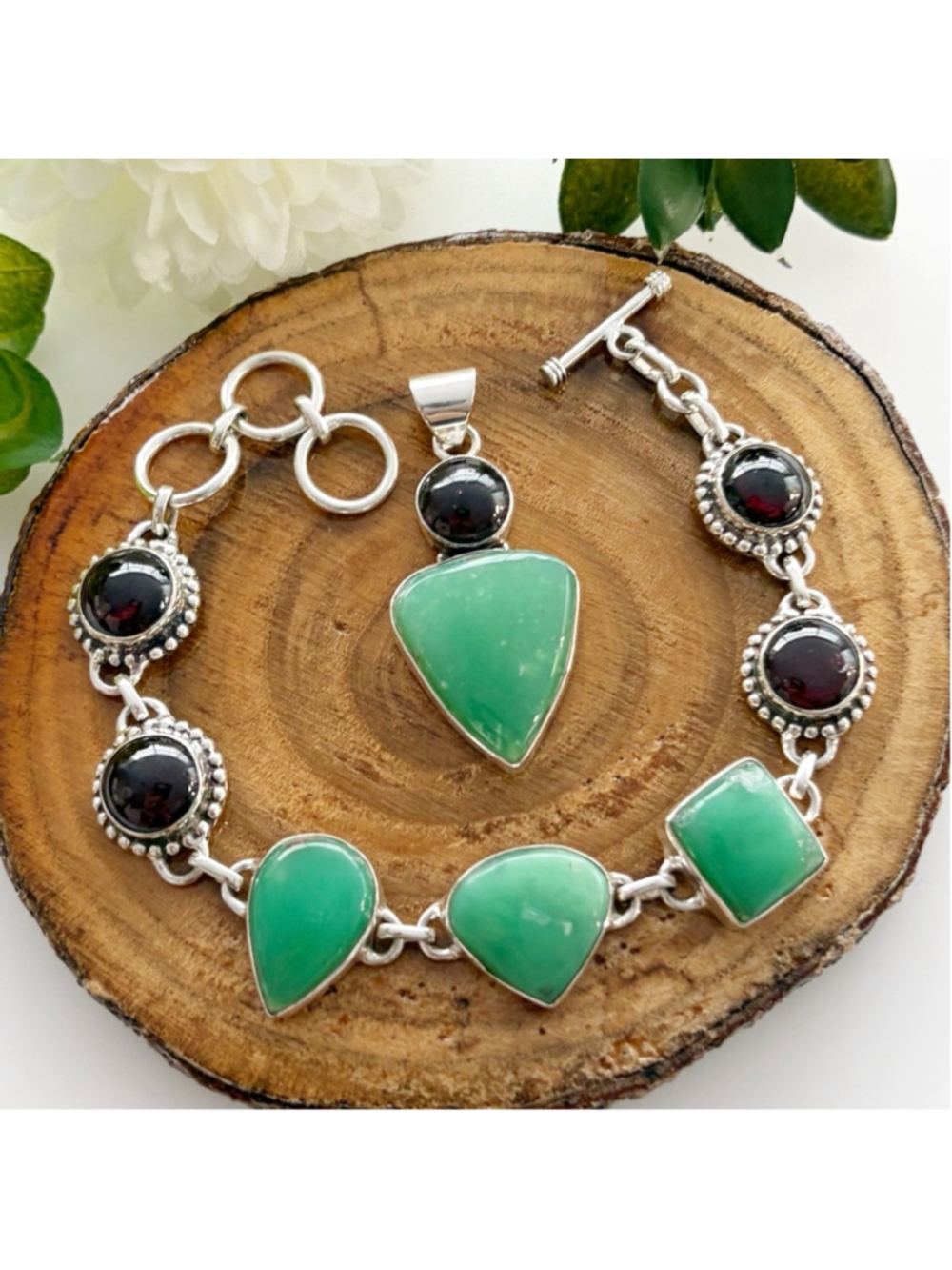 Boho Southwest Jewelry Set Chrysoprase Garnet Bracelet Pendant Handmade New 925